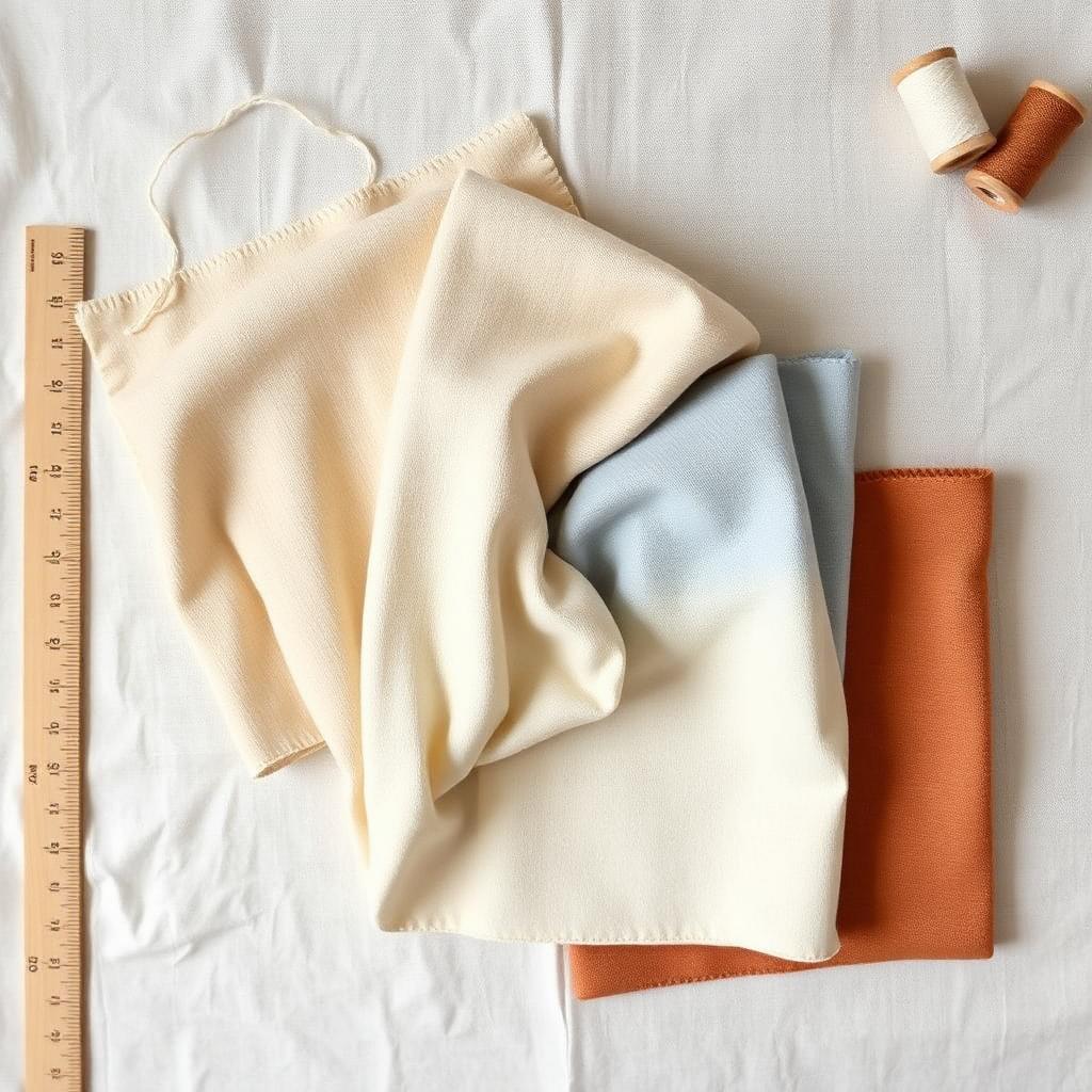 Flat lay of five linen knit fabric swatches in oatmeal, cream, dusty blue and warm brown on a linen background