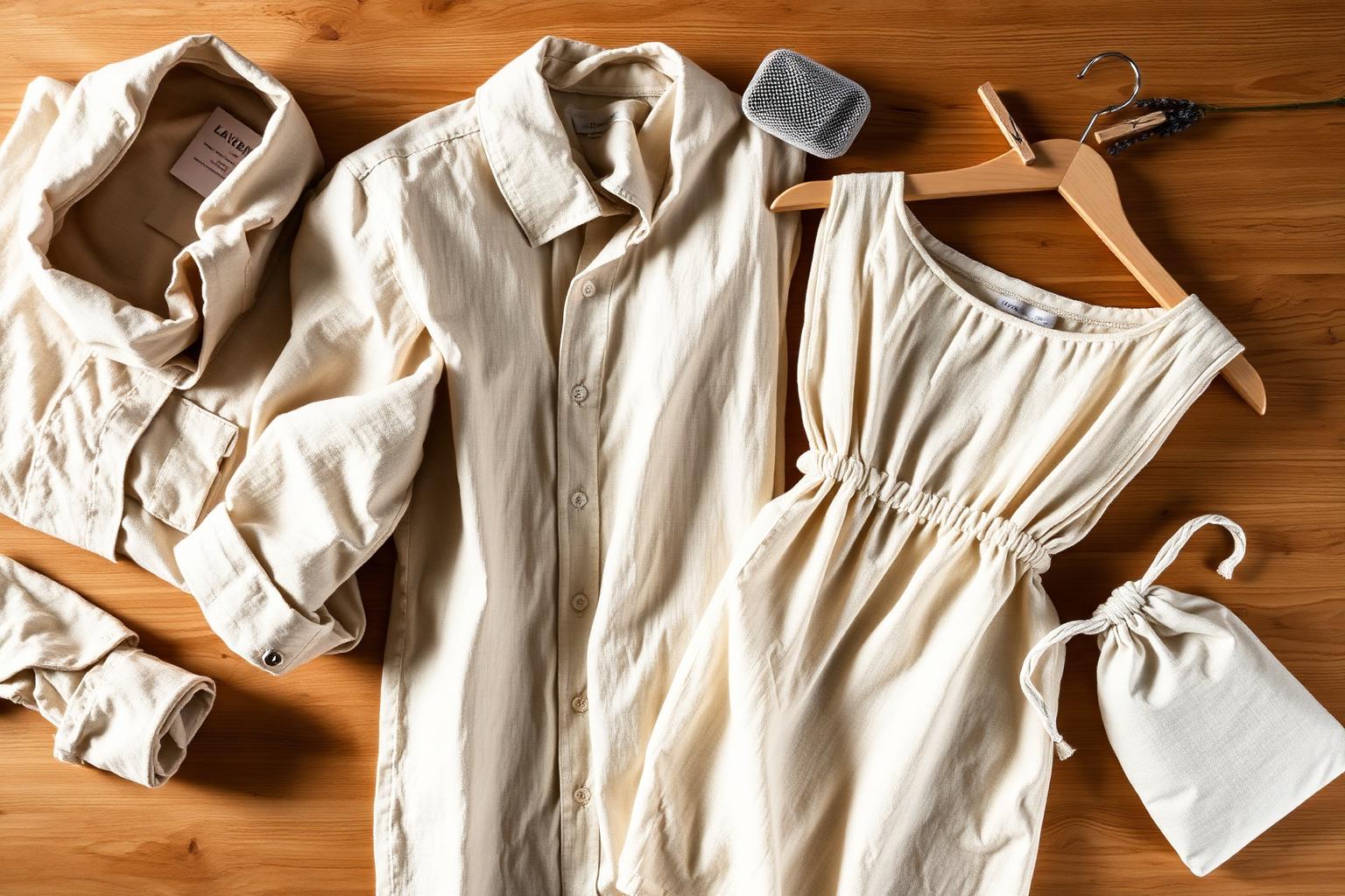Flat lay of oatmeal linen shirts, a linen dress on a wooden hanger, mesh laundry bag, wooden clothespins and a lavender storage pouch on a warm oak surface