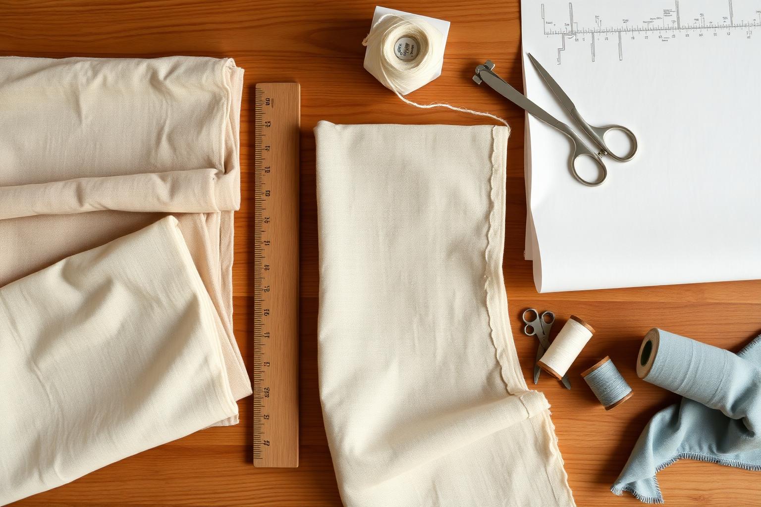 Linen swatches with pattern paper and dressmaking tools for planning a fitted garment