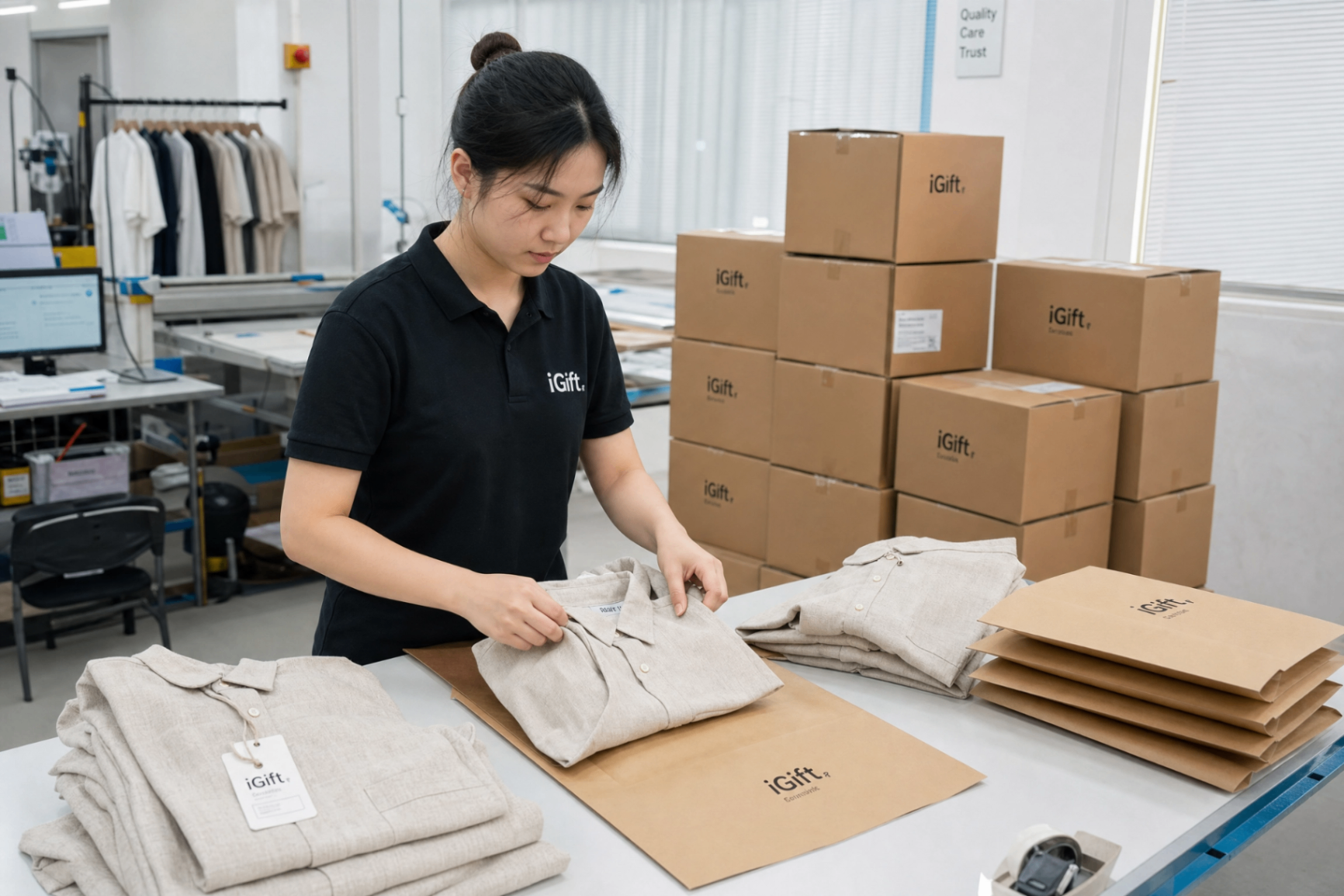 Linen garment folding and packaging for shipment