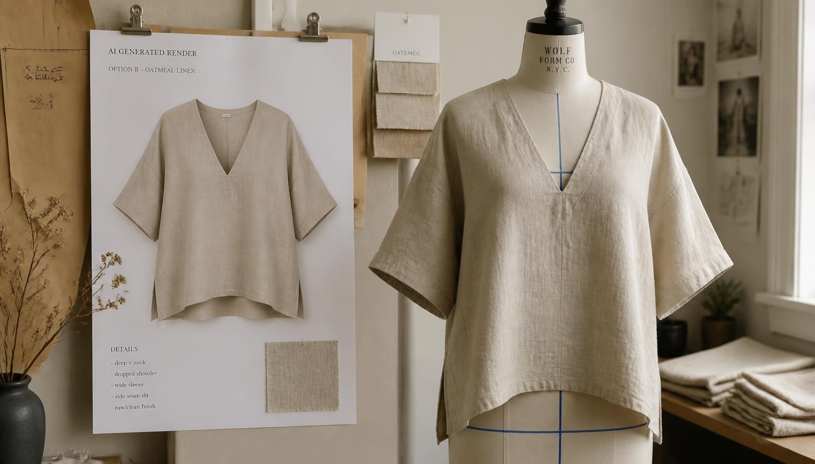 Printed AI-generated garment render pinned beside the real sewn oatmeal linen top on a dress form in a small-batch atelier