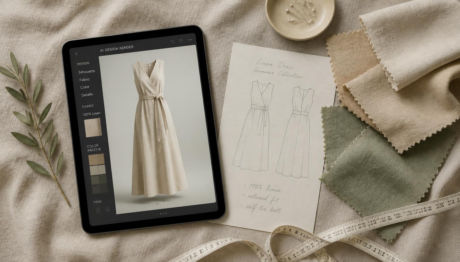 Tablet showing an AI-generated linen dress render beside real linen swatches, a technical sketch and a tape measure on an oatmeal linen surface