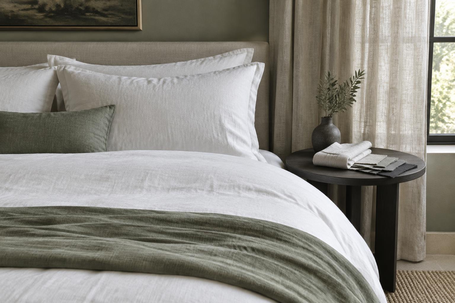 Illustrative boutique guesthouse bedroom with linen bedding, curtains, a folded towel and fabric swatches