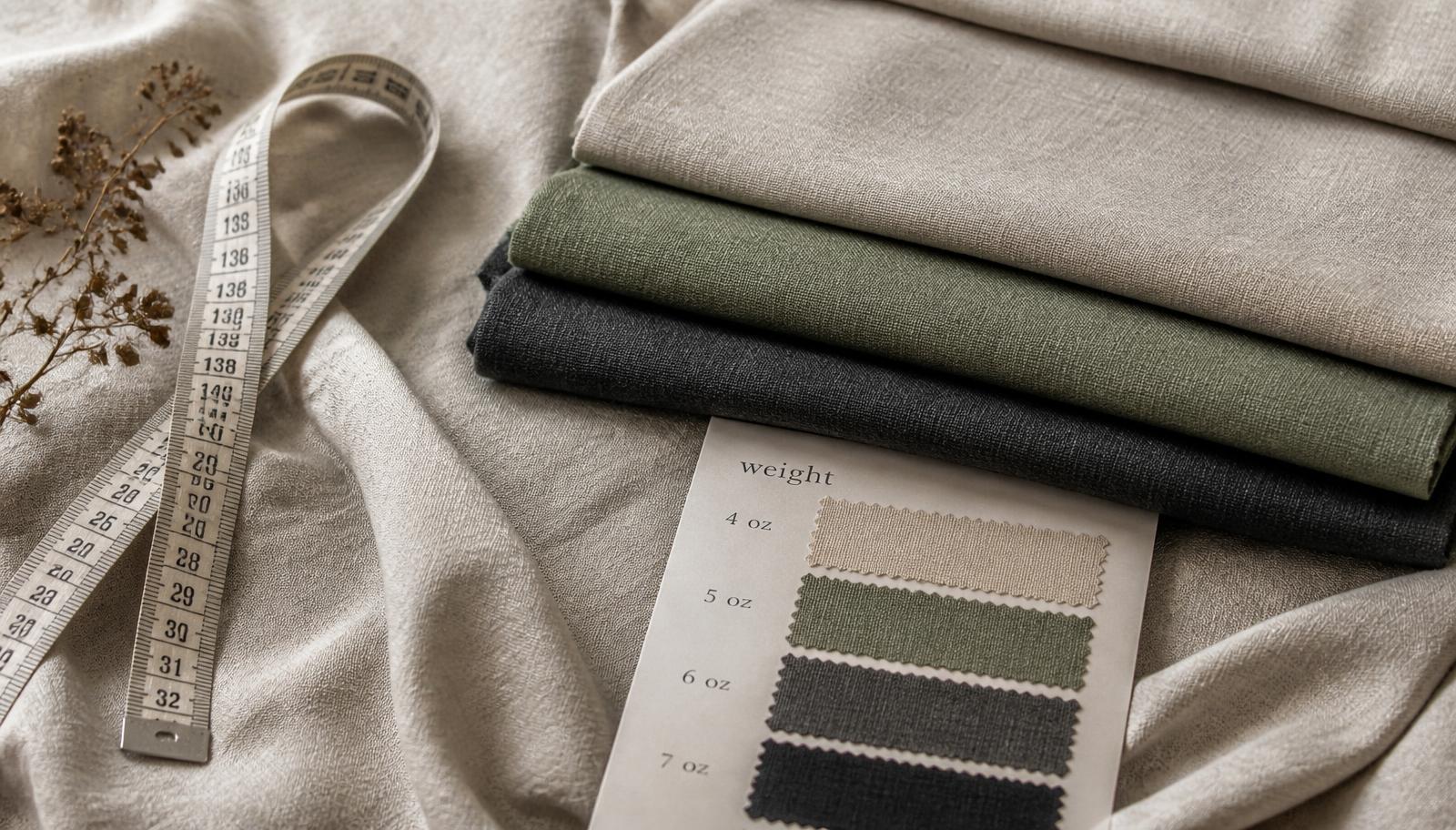 Folded cotton-linen swatches in oatmeal, sage and charcoal with a tape measure and a fabric weight sample card