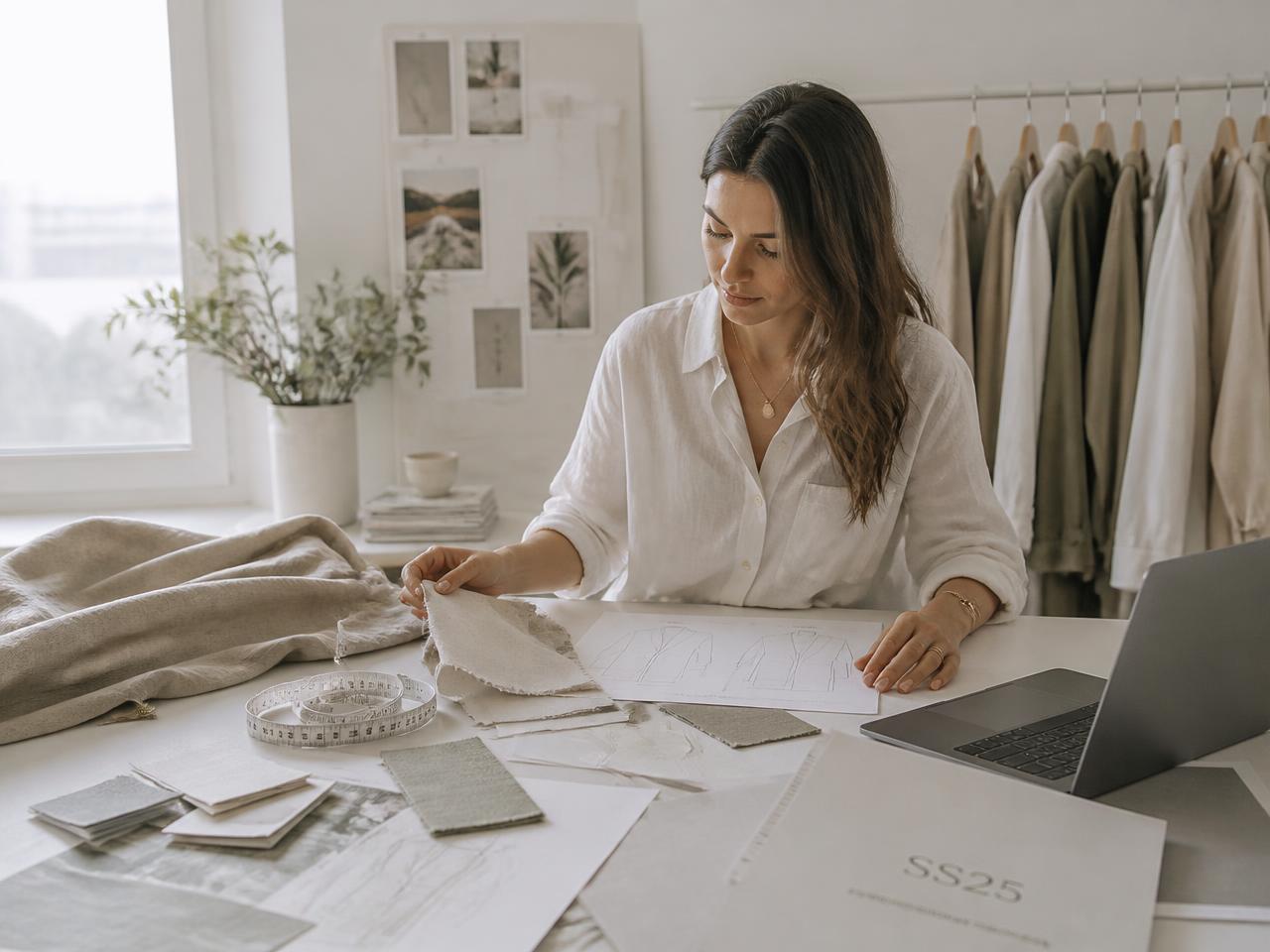 Founder of a new fashion brand comparing linen swatches against a tech pack sketch in a bright studio, with a rack of neutral linen samples behind