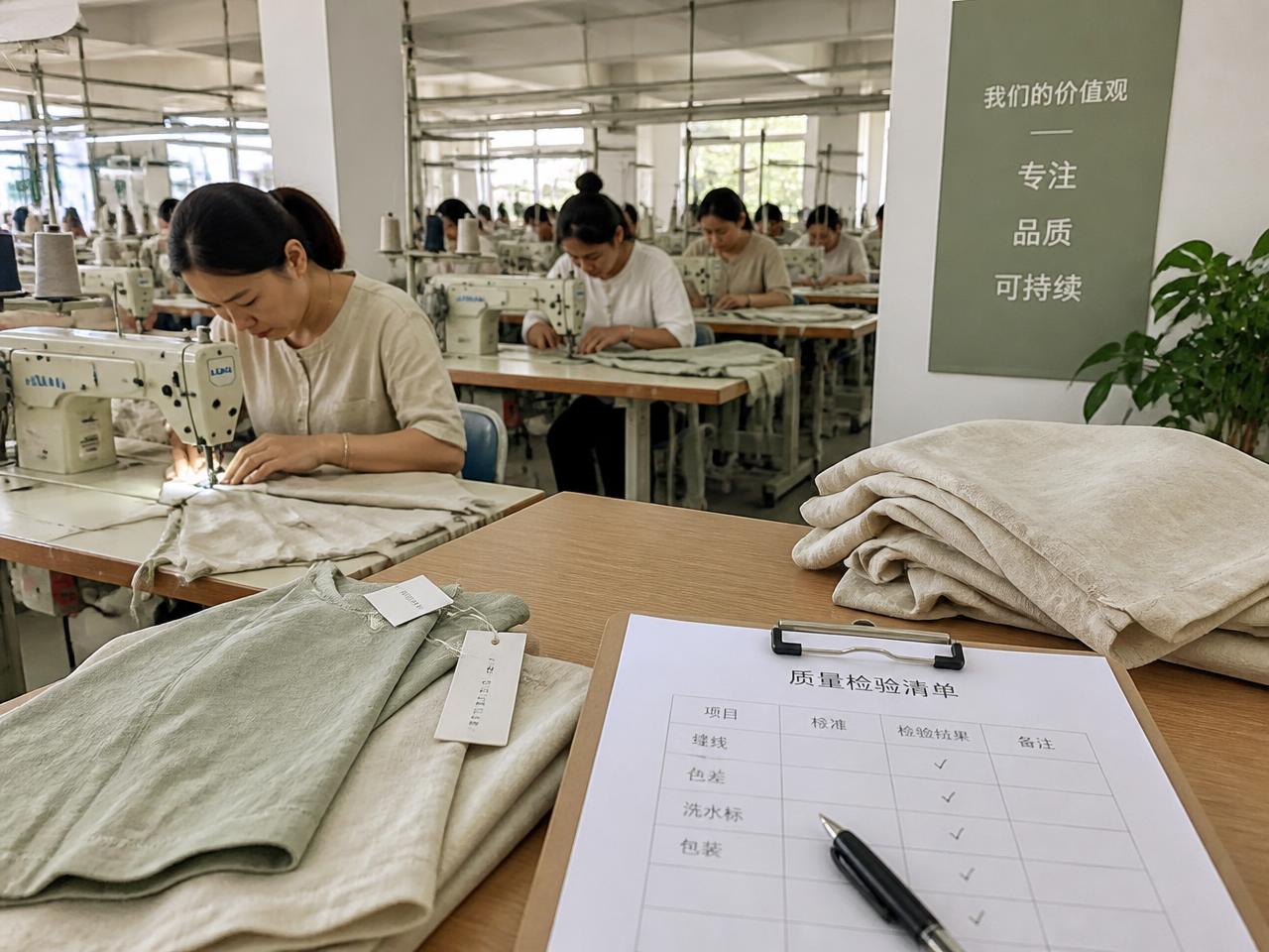 Small-batch linen sewing workshop with tidy rows of industrial machines and a quality control checklist on the inspection table in the foreground