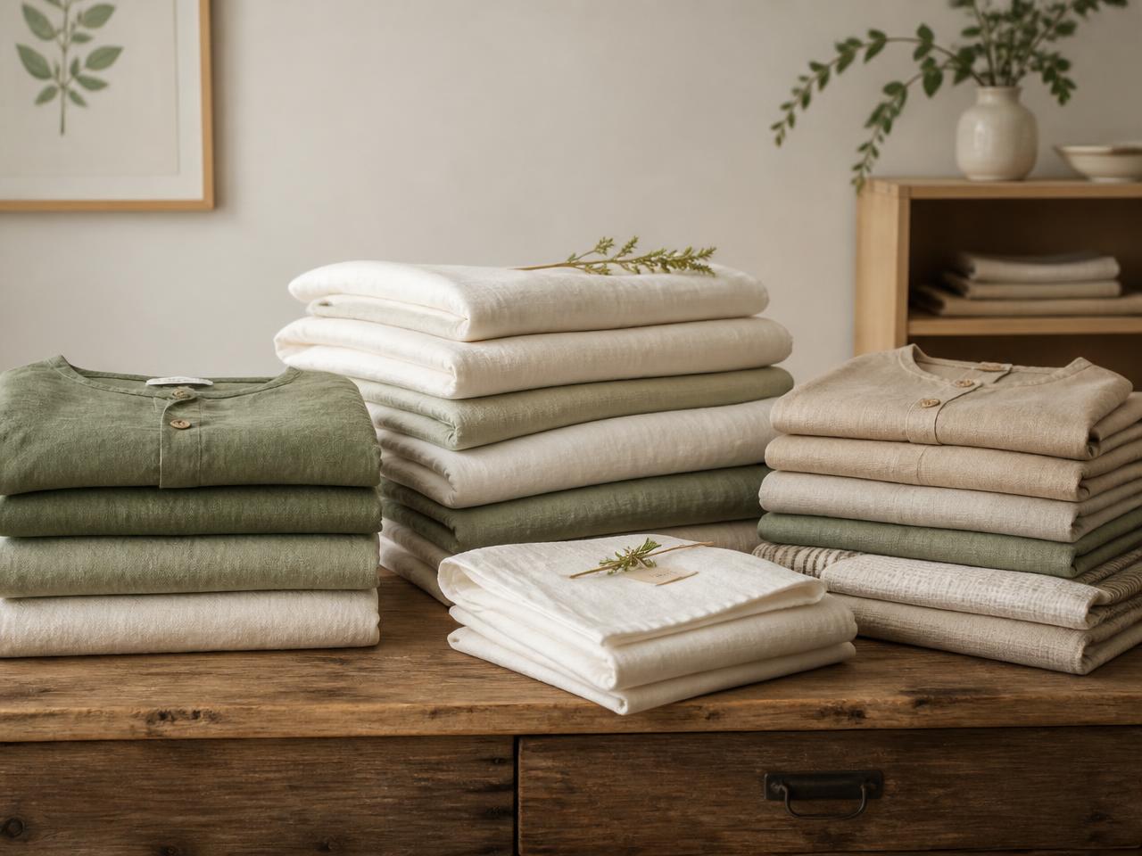 Folded stacks of cotton-linen bedding and garments in sage, ecru and sand tones arranged on a wooden table in a calm studio setting