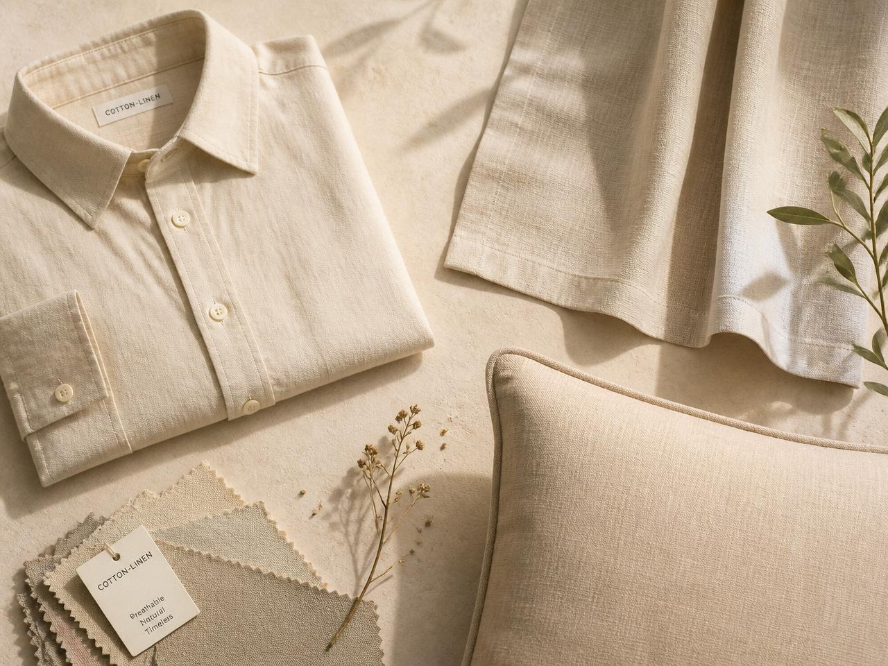 Flat-lay of cotton-linen end uses: a folded oatmeal cotton-linen shirt, a linen curtain panel, a beige cushion cover and a stack of fabric swatches on a sand-coloured surface