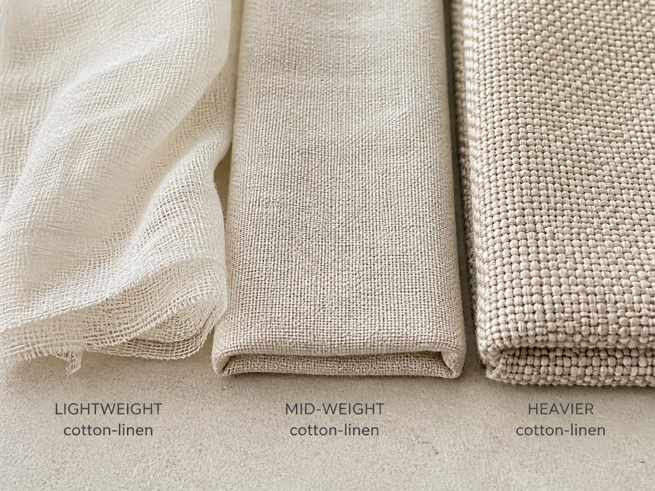 Macro comparison of three cotton-linen fabric weights side by side — a sheer lightweight weave, a mid-weight plain weave and a heavy basket weave — on a neutral background