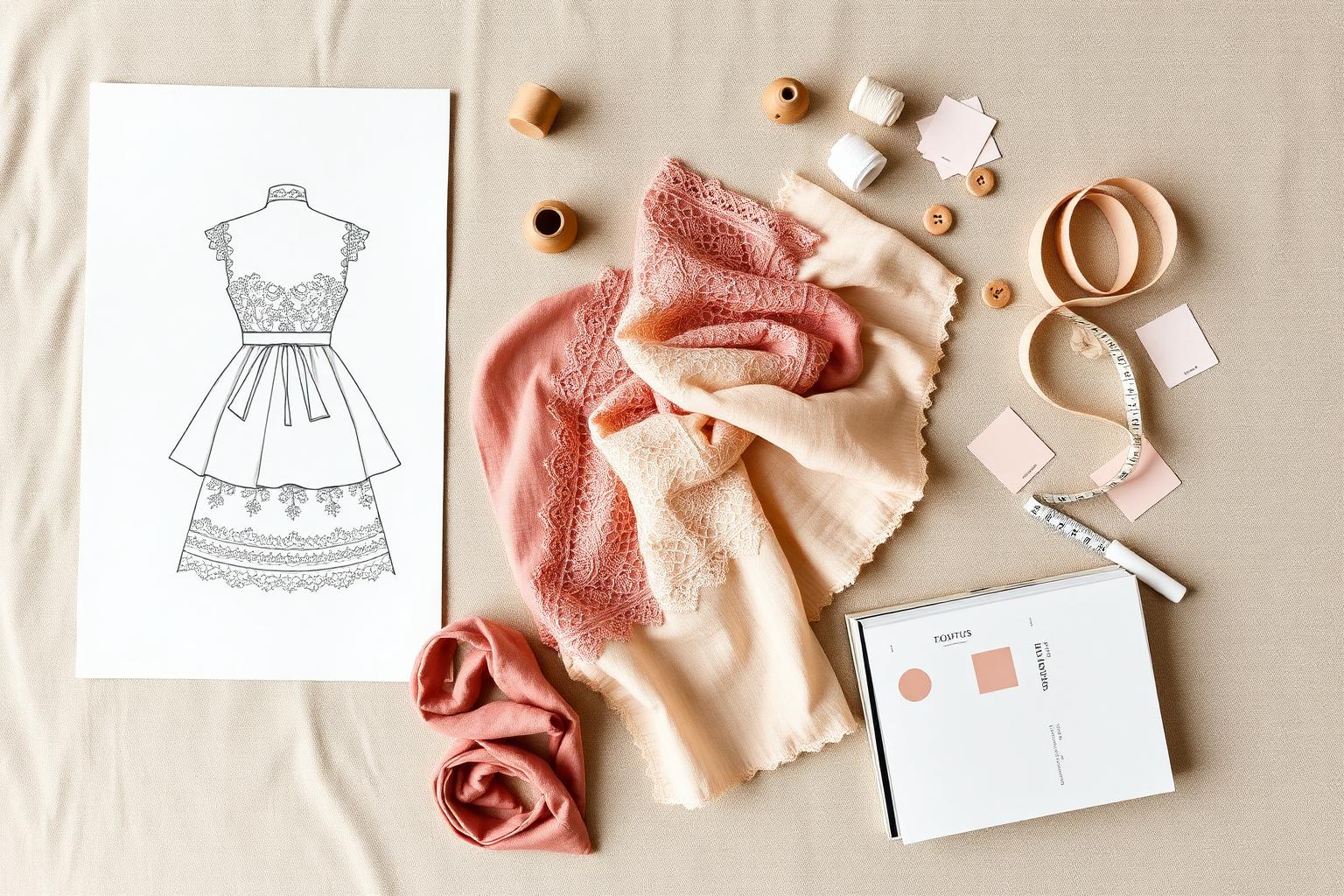 Custom manufacturing moodboard — sketch, lace and linen swatches, thread, buttons and colour chips laid out on an oatmeal linen surface