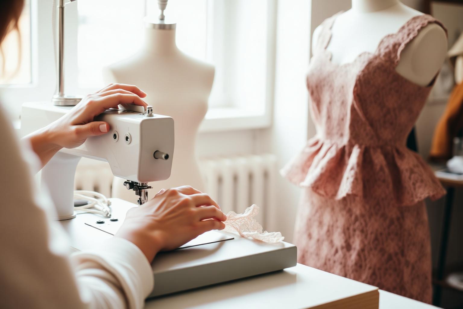 Atelier scene — hands sewing a lace dress on a machine, with a dusty pink lace peplum garment on a dress form