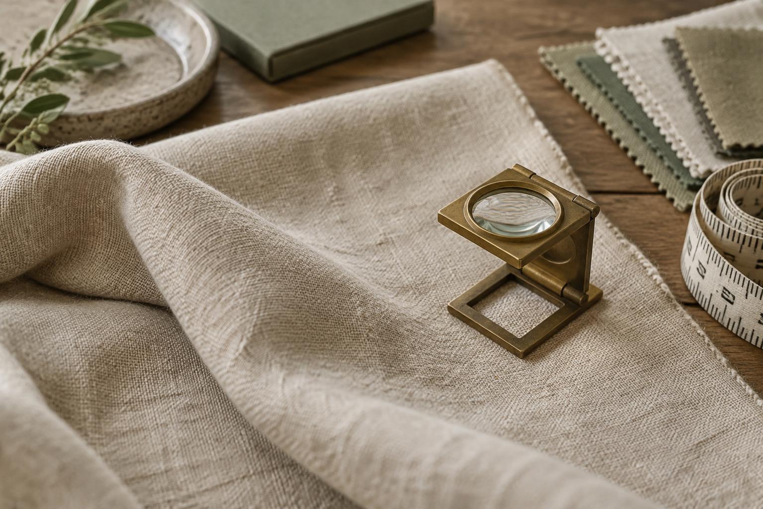 Oatmeal linen fabric with natural slubs under a brass linen tester magnifier beside a tape measure