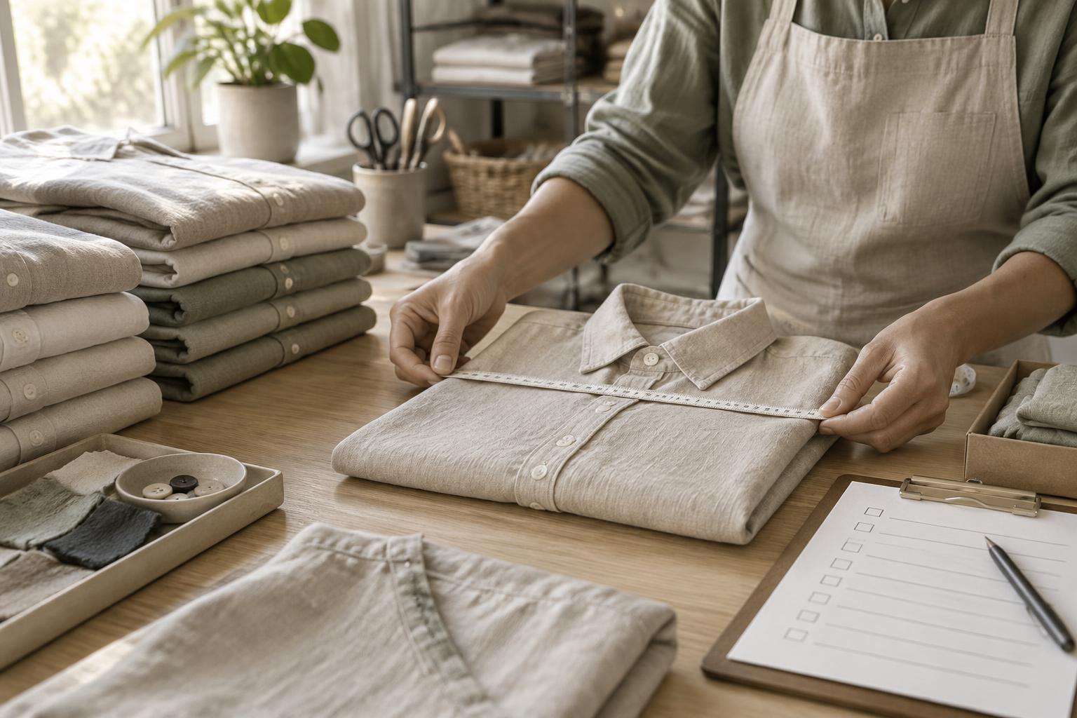 Inspector measuring a folded linen shirt on a workshop table with a checklist clipboard