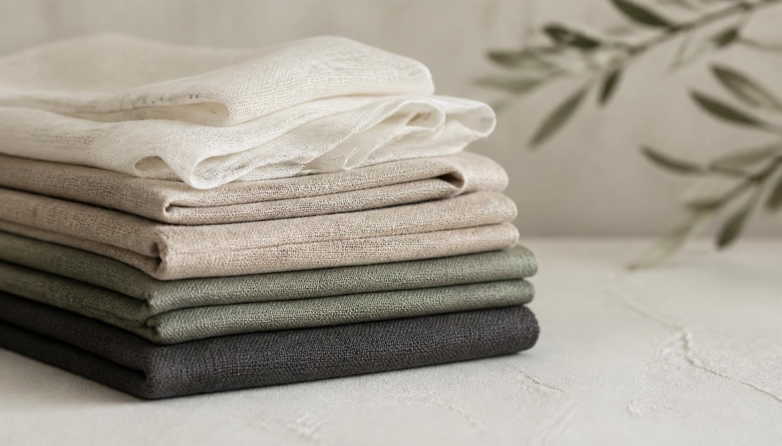 Stacked linen fabric swatches in oatmeal, sand, sage and charcoal, arranged from lightweight to heavyweight