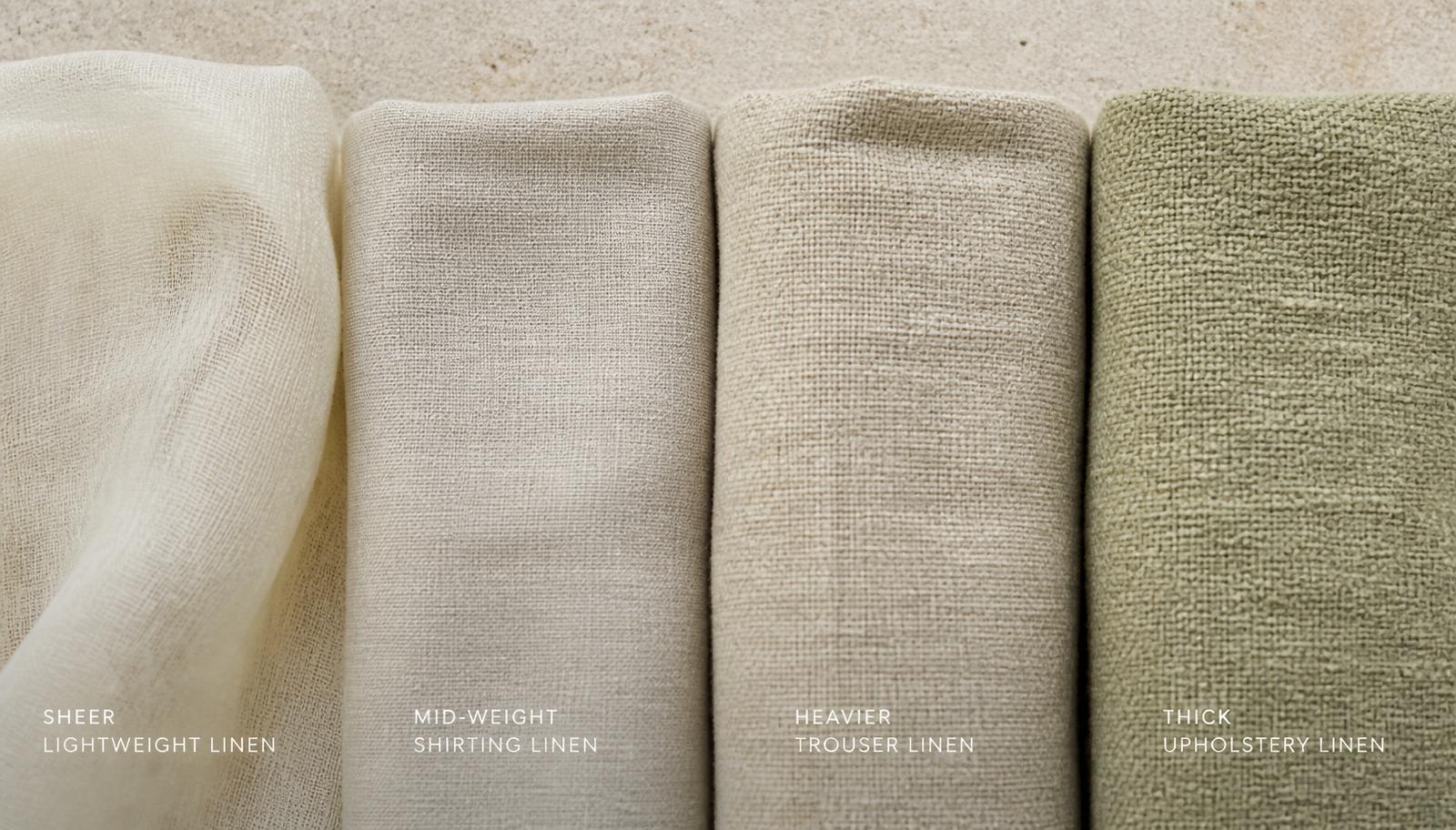 Four rolls of linen side by side showing sheer, shirting, trouser and upholstery weights