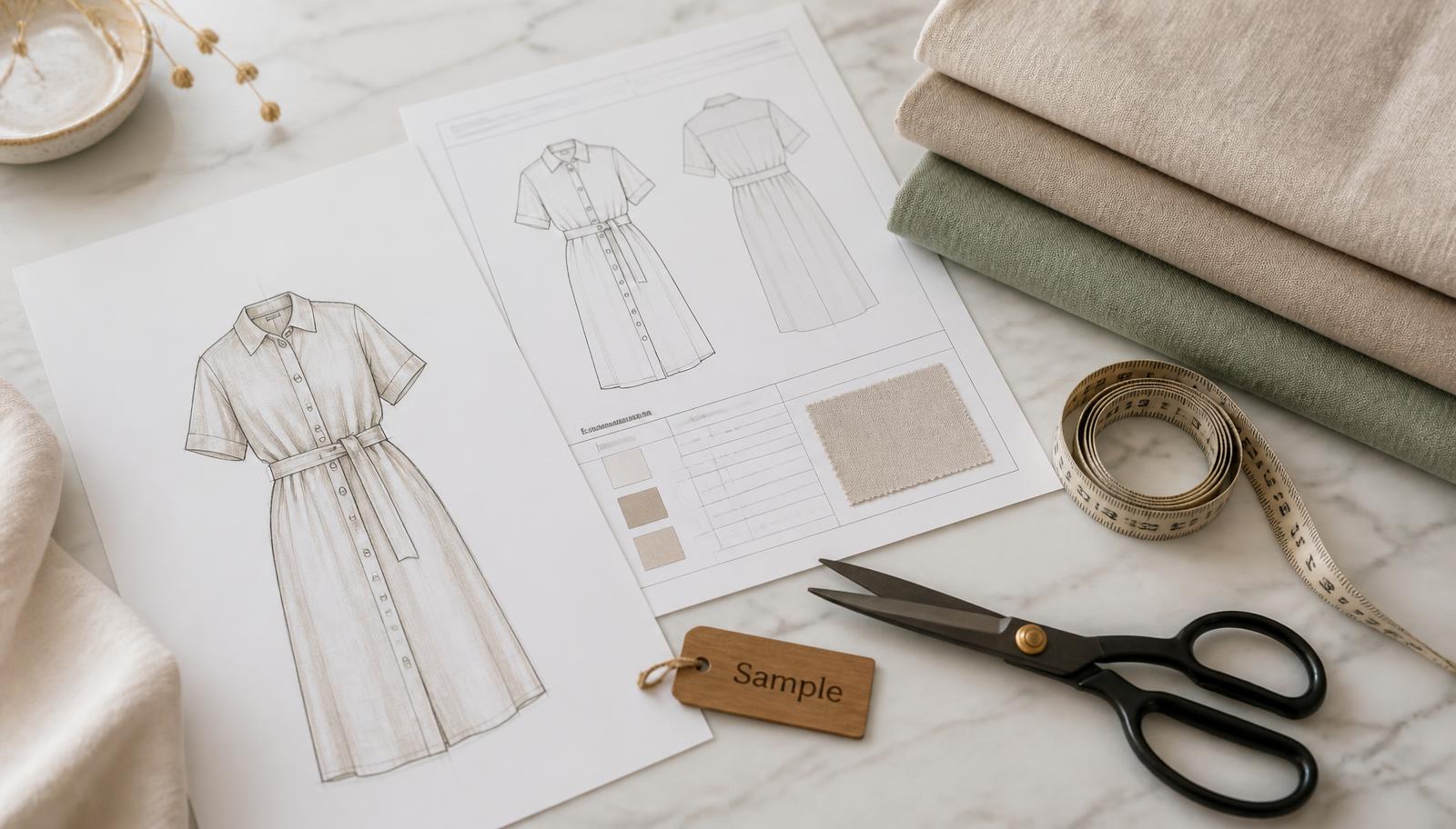 Fashion sketches, linen swatches, a tape measure, fabric scissors and a wooden Sample tag on a marble design table