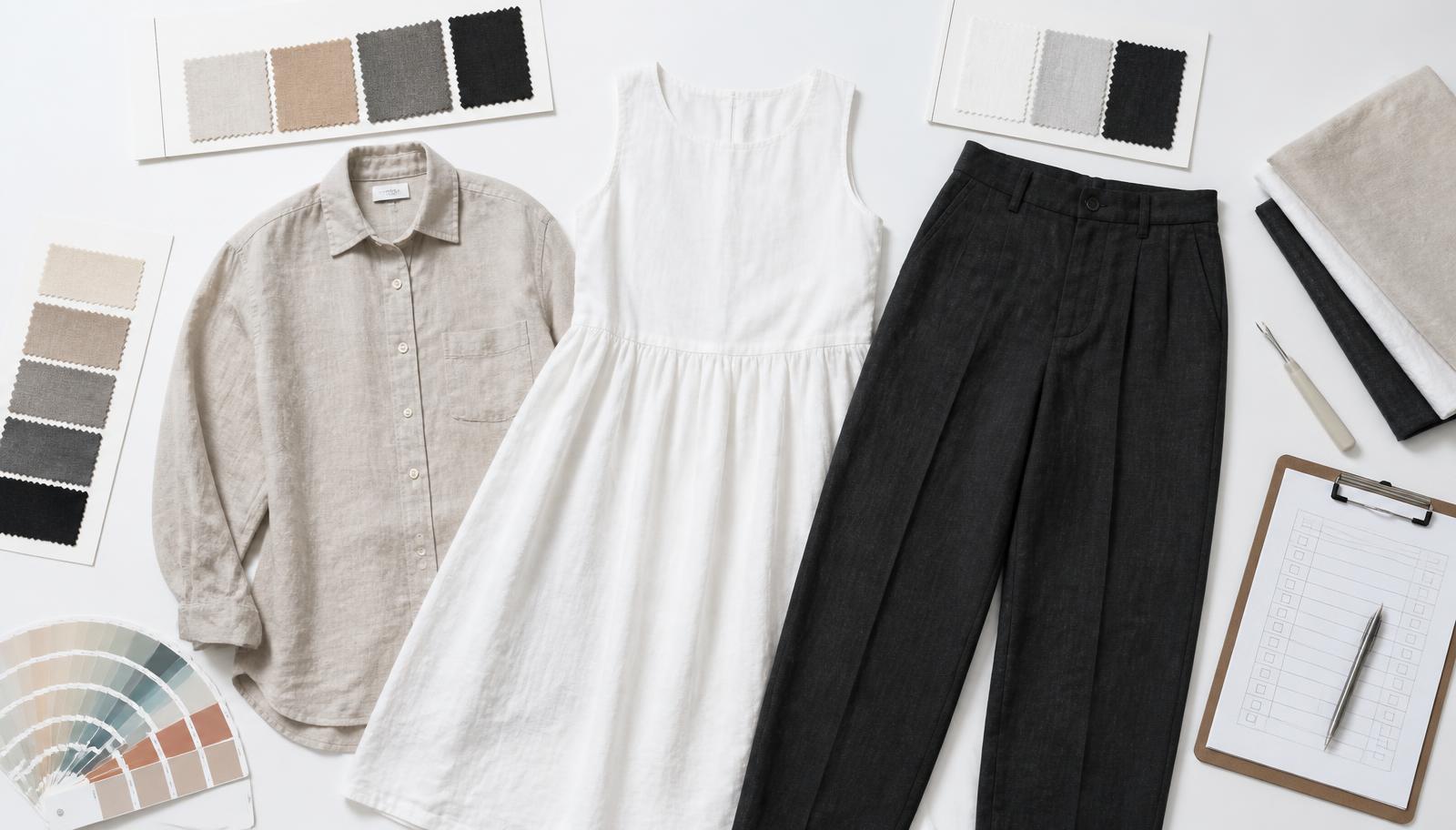 Three finished linen samples — a shirt, a dress and trousers — with fabric swatch cards, colour chips and a quality checklist