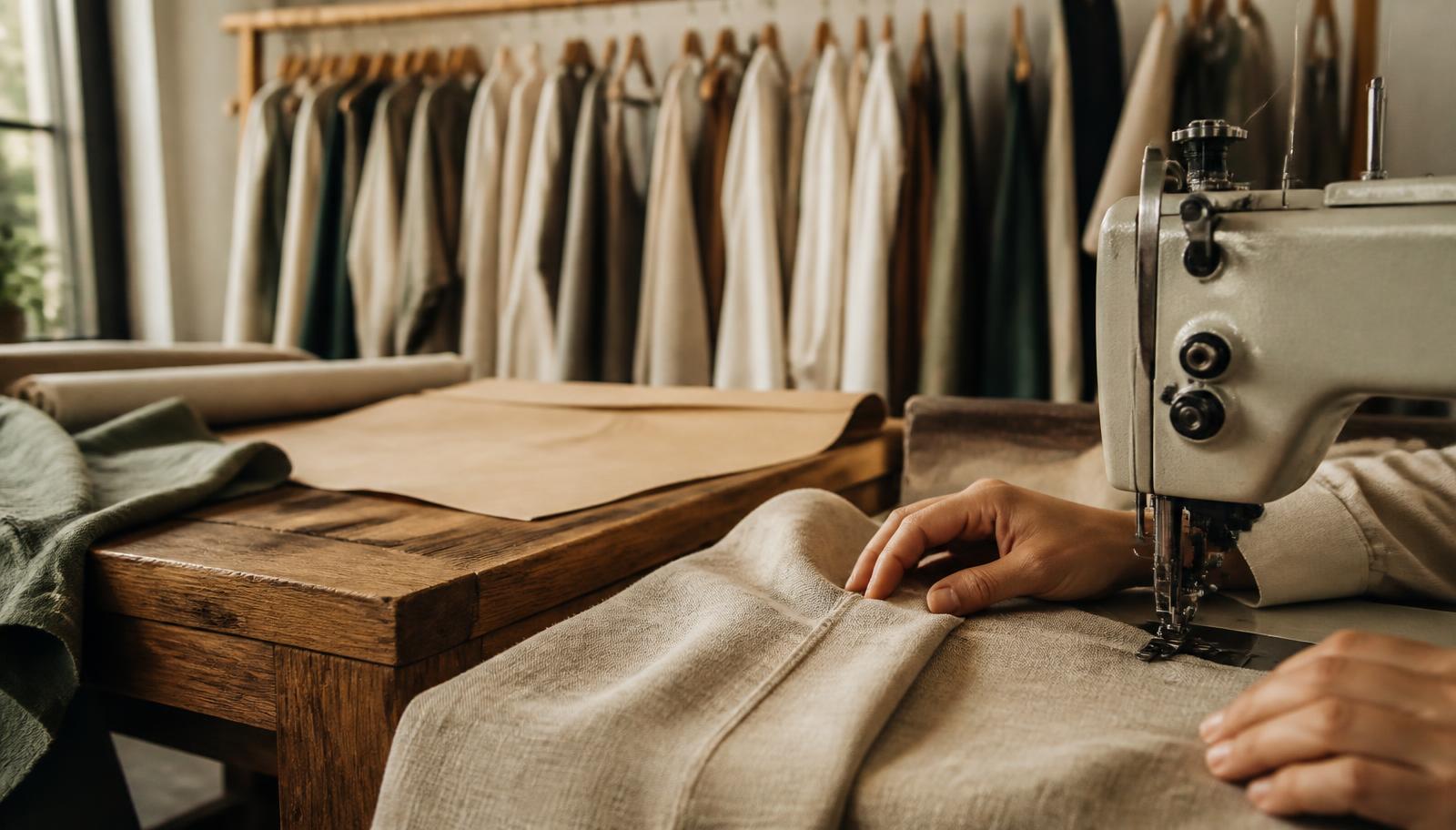 A tailor sewing an oatmeal linen garment on an industrial machine in a small-batch sampling workshop