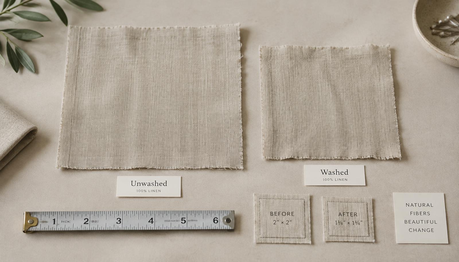 Unwashed and washed 100% linen swatches side by side with a tape measure showing the size difference after laundering