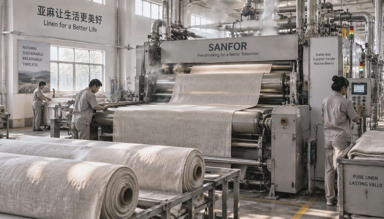 Linen fabric passing through a compressive pre-shrinking and steam finishing machine in a mill