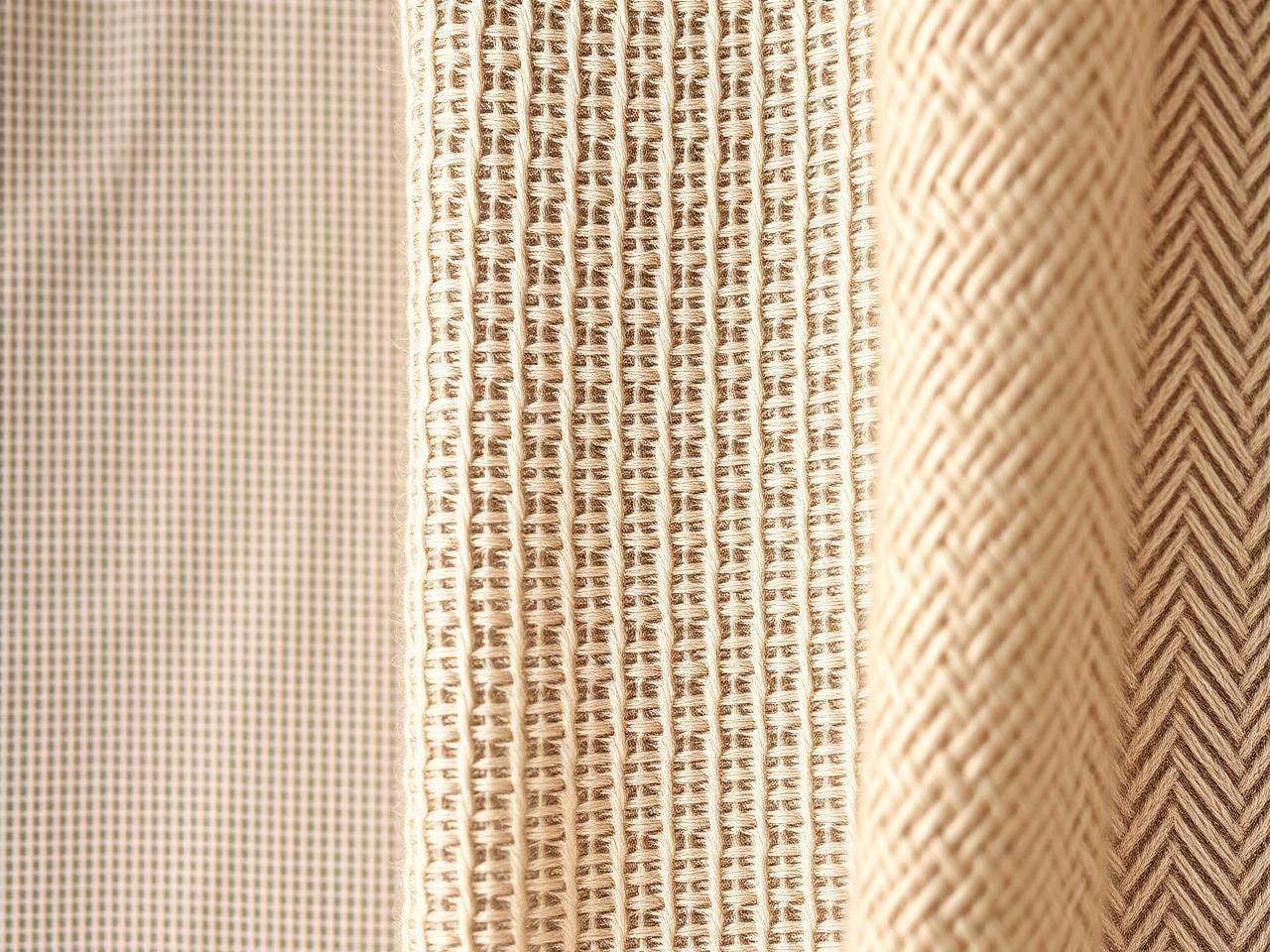 Macro close-up of linen weave structures: plain weave, twill weave and herringbone weave in natural oatmeal linen