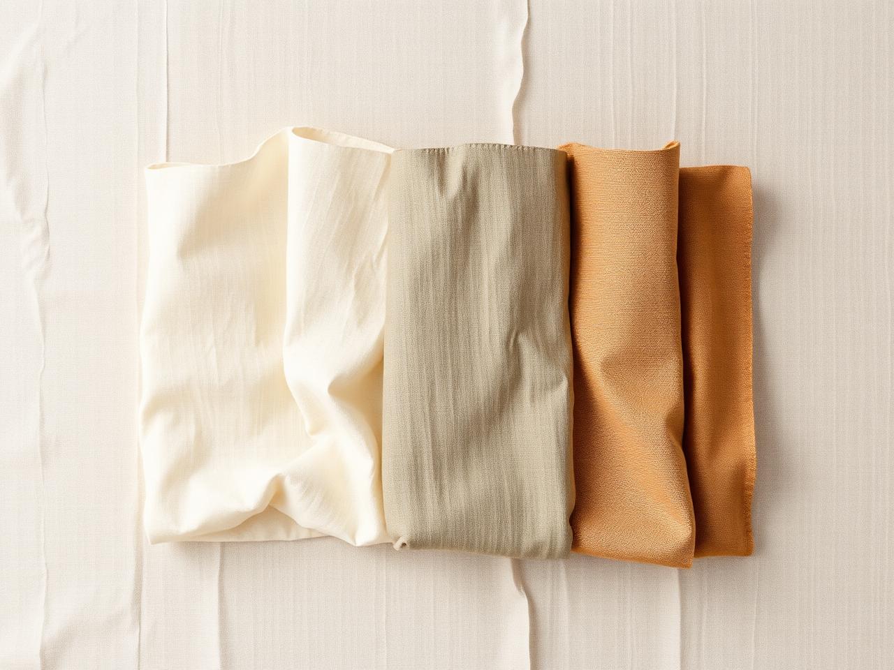 Flat lay of five linen fabric swatches arranged from lightest 90 gsm handkerchief linen to heavy 400 gsm upholstery linen in oatmeal, cream, sage and warm brown