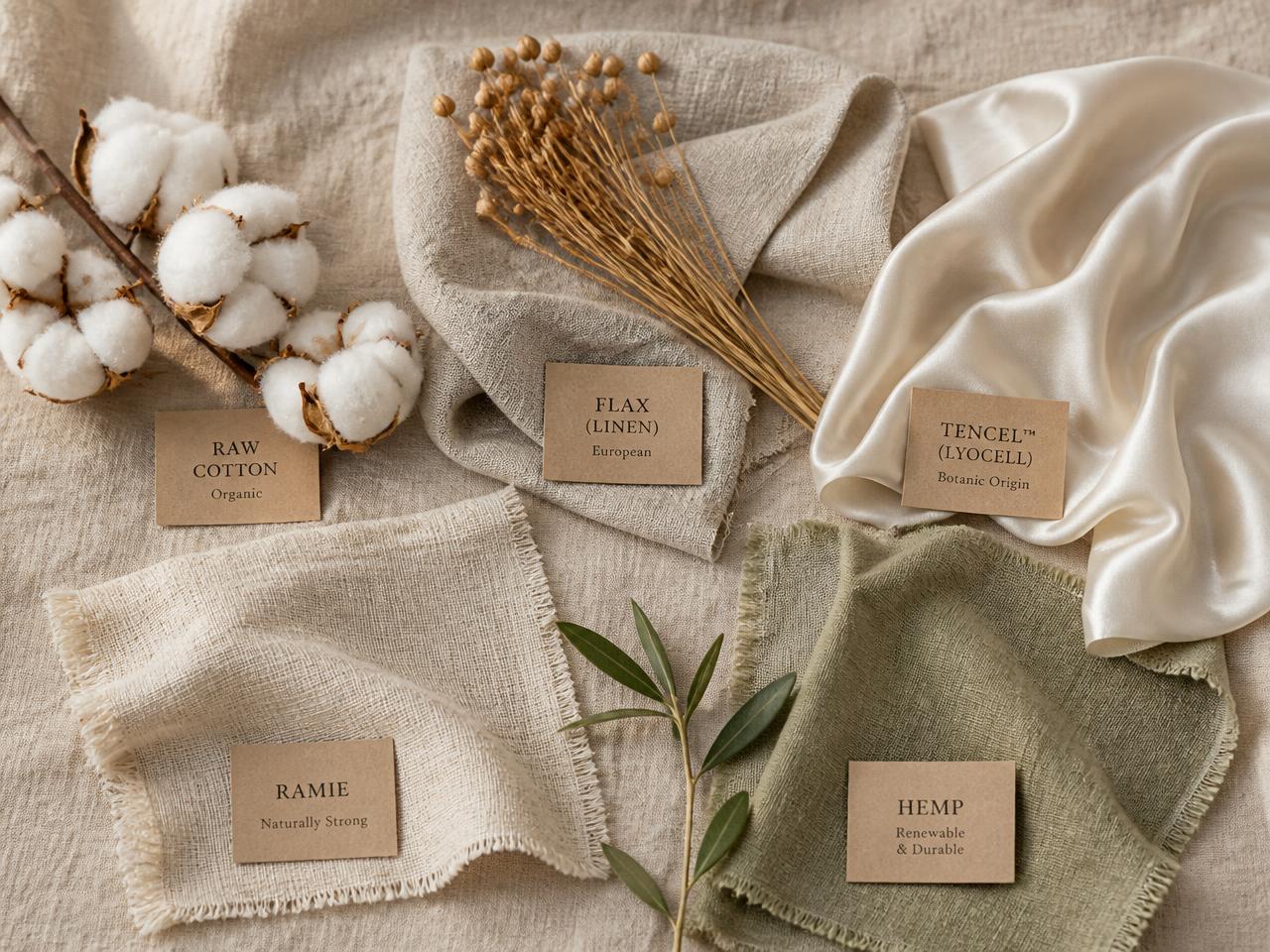 Flat lay of natural fibre swatches labelled raw cotton, flax linen, Tencel lyocell, ramie and hemp on an oatmeal linen background with cotton bolls and flax stalks