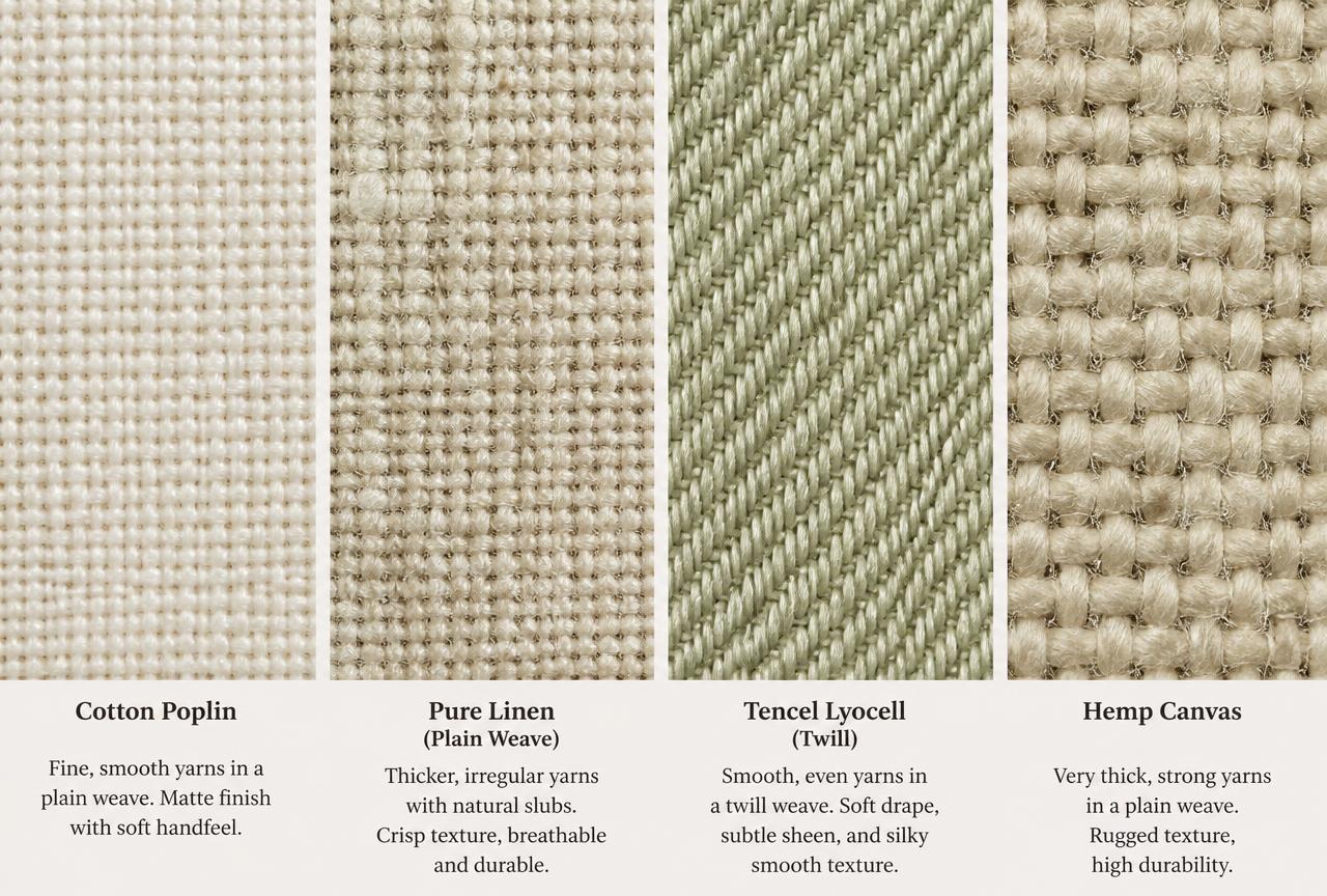 Macro comparison of four natural fabric weaves side by side: cotton poplin, pure linen plain weave, Tencel lyocell twill and hemp canvas